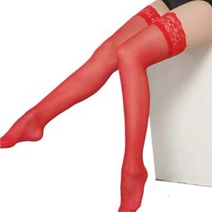 Red Thigh High Hosiery Sock Nwt Red Lace Thigh High Socks, Clubbing Shoes, Makeup Place, Lace Leg Warmers, Thigh High Sock, Thigh Socks, Thigh High Stocking, Sheer Lace Top, Thigh High Socks