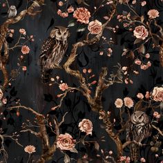 an owl sitting on a tree branch surrounded by pink flowers and branches with dark background