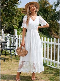 JJ's House No Flower Ruffle Lace Maxi V-Neck Fall Spring Summer A-line Elastic Waist Yes White S Height:5.7ft(174cm) Bust:33.5in(85cm) Waist:26in(66cm) Hips:36in(91cm) Reception Beach Garden / Outdoor Dress. #JJ's House #No #Flower #Ruffle #Lace #Maxi #VNeck #Fall #Spring #Summer #Aline #ElasticWaist #Yes #White #S #Reception #Beach #GardenOutdoor #Dress Ivory Boho Dress, Lace Maxi Dresses, Outdoor Wedding Guest Dresses, Relaxed Wedding Dress, Registry Wedding Dress, Lace Beach Dress, Different Types Of Dresses, Weekend Mode, Rehearsal Dinner Outfits