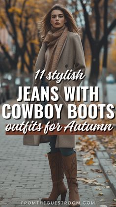 a woman wears jeans and cowboy boots for fall, western outfits Styling Cowboy Boots With Jeans, Jeans Cowboy Boots Outfit, How To Wear Cowboy Boots Women, Fall Cowboy Boot Outfits, Boots Outfit Autumn, Country Outfits Fall, Cowboy Boots And Jeans Outfit, Cowgirl Boots Outfit Fall