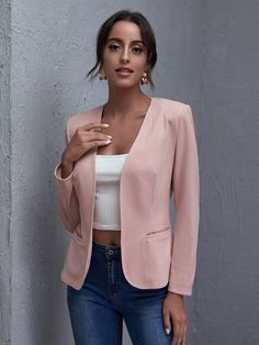 Padded Shoulder Open-Front Blazer | EMERY ROSE Open Front Blazer, Classy Dress Outfits, Style Noir, Womens Blazers, Trendy Fashion Women, Colored Blazer, Sleeves Pattern, Blazers For Women, Dusty Pink