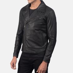 This black leather jacket has a sleek yet sophisticated design. It is made of premium-quality black leather with a matte and modern finish. This versatile leather jacket exhibits a tailored fit style that is perfect for casual and formal gatherings. The jacket ensures comfort because of its soft and quilted lining inside. This black quilted leather jacket features a wide-notch lapel with an asymmetrical zipper closure from the front. It also has a slanting zipper pocket on the chest and two slan Modern Black Leather Jacket For Work, Modern Black Leather Jacket For Fall, Urban Leather Biker Jacket For Work, Fitted Leather Biker Jacket, Casual Black Leather Biker Jacket, Edgy Leather Jacket For Biker Events, Urban Leather Jacket, Modern Fitted Biker Jacket For Streetwear, Sleek Leather Jacket For Winter