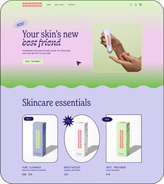 the website for skin care products is displayed in purple and green colors, with two hands holding