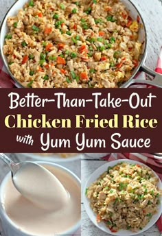 chicken fried rice with yum sauce in a pan