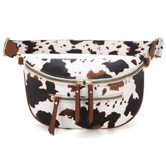 Made of synthetic leather Cow print with a zippered pocket on the front Top zipper closure The inside of the waist bag includes a zippered pocket A zippered pocket on the back Detachable and adjustable canvas crossbody strap included 8.6"(L) x 0.8"(W) x 7.2"(H) Interior Capacity: Small The adjustable waist strap lets you wear it as a fanny pack, chest bag, crossbody sling bag,adapting to your needs. Casual Shoulder Belt Bag With Zipper Closure, White Belt Bag With Zipper For Travel, Casual Belt Bag As Shoulder Bag, Daily Use Crossbody Belt Bag With Zipper, Casual White Belt Bag With Zipper Closure, Trendy White Belt Bag With Zipper Closure, White Pouch Belt Bag With Zipper, White Pouch Belt Bag With Zipper Closure, White Crossbody Belt Bag With Zipper Pocket