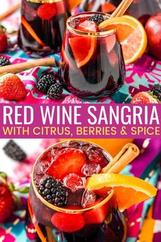 red wine sangria with citrus, berries and spices in glasses on a colorful table cloth