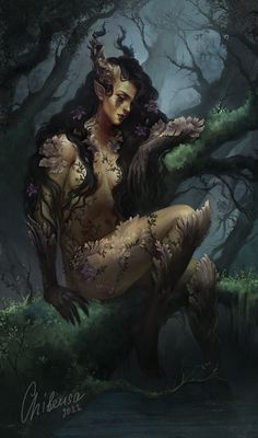 a woman sitting on top of a tree branch in the middle of a dark forest