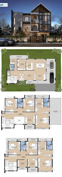 the floor plan for a modern house with two levels and three rooms, in different sections