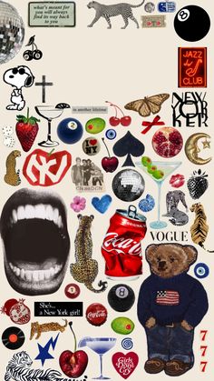 a collage of various stickers and symbols in the shape of a bear with his mouth open