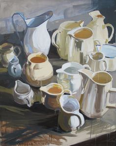 a painting of coffee pots and pitchers on a table