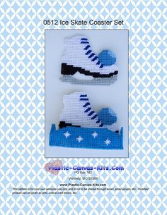 two crocheted ice skates sitting on top of a blue and white background