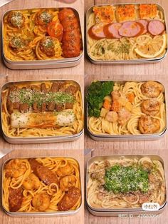 four tins filled with different types of food on top of a wooden table next to each other