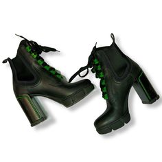 Euc Prada Women's Black And Green Lace-Up 110mm Military Ankle Boots, Size 37.5 Excellent Used Condition, Never Worn Outside, Minor Scuff On Left Heel From Being Transported In Box; Comes In Original Box And Packaging Size It 7.5 / Us 7.5 (See Images For Brand Size Guide) Leather Upper With Rubber Combat Style Boot Sole; Lace Up Style Heel Height 110mm Black And Green Colorway Feminine Combat Boots, Emo Anime, Heeled Lace Up Boots, Combat Style, Green Heels, Black Combat Boots, 2000s Movies, Movies Aesthetic, Wedge Ankle Boots