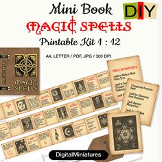 mini book magic spells printable kit 1 - 12 for digital miniatures by dk