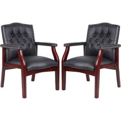 pair of black leather chairs with wooden arms