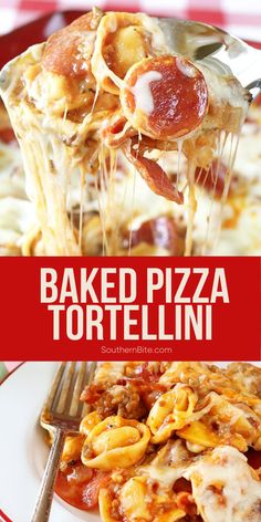 baked pizza tortellini on a plate with a fork