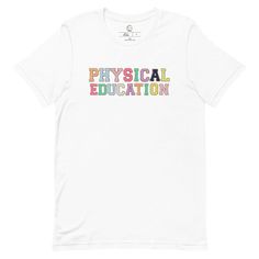 Physical Education Teachers we didn't forget you! Grab your PE teacher shirt to wear as students battle dodge ball and stretching correctly! **PLEASE NOTE** This design is NOT actual letter patches, but a glitter letter patch font design.|| DESCRIPTIONMaterials✨ 100% cotton✨ Pre-shrunk✨ Classic fit✨1x1 athletic rib knit collar with spandex✨Air-jet spun yarn with a soft feel and reduced pilling✨Double-needle stitched collar, shoulders, armholes, cuffs, and hemTeacher Noire is a small, mom-teacher White Letter Patch Top For College, White Top With Letter Patch For College, White College Top With Letter Patch, White Varsity T-shirt For School, Sporty School T-shirt With Text Print, Sporty Text Print T-shirt For School, White Logo Print T-shirt For School, Sporty School T-shirt With Letter Print, Sporty Letter Print T-shirt For School