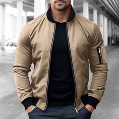 Season:Winter,Fall; Fabric:Polyester; Sleeve Length:Long Sleeve; Gender:Men's; Style:Comfort,Fashion,Streetwear; Occasion:Daily Wear,Outdoor,Sport; Outerwear Length:Short; Placket:Zipper; Function:Warm; Pattern:Plain; Design:Pocket; Neckline:Stand Collar; Outerwear Type:Bomber Jacket,Varsity Jacket; Listing Date:09/12/2023; Bust:; Length:; Shoulder Width:; Sleeve: Green Khaki Jacket, Tuxedo Shirt Men, Womens Basic Tops, Gorgeous Boots, Mens Outdoor Jackets, Streetwear Mode, Khaki Jacket, Outwear Women, Trench Coat Men