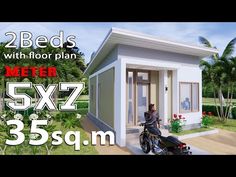 a small house with a motorcycle parked in front of it and the text, 2 beds with