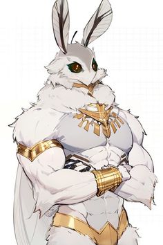 an anime character dressed in white and gold, with rabbit ears on his head is posing for the camera