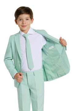 Crisp and smart, this pastel two-piece suit includes flat-front pants, a clip-on tie and traditional detailing to keep your child dapper at any occasion. All three pieces are machine-washable and look ready to wear right out of the dryer. Jacket has notched lapels; three-button cuffs; chest pocket; flap pockets; interior pocket; side vents Trousers have zip fly with hook-and-bar closure; slant pockets; back pockets Jacket is lined Unhemmed 100% polyester Machine wash, tumble dry Imported Flat Front Pants, Pocket Jacket, Nordstrom Store, Color Set, Two Piece, Mint, Ready To Wear, Trousers, Nordstrom