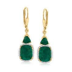 Ross-Simons - 8.10ct t. w. Emerald, .20ct t. w. Diamond Drop Earrings Over Sterling. Indulge in the sophisticated beauty of emeralds and diamonds. These drop earrings feature 8.10 ct. t. w. rectangular and triangular emeralds sparked by .20 ct. t. w. diamonds in white rhodium. Polished 18kt yellow gold over sterling silver. Hanging length is 1 3/8". Leverback, diamond and emerald drop earrings. Emerald birthstones are the perfect gift for May birthdays. Emerald Drop Earrings, Jewelry Presentation, Emerald Diamond Earrings, Emerald Earrings Drop, Diamond Earrings For Women, Emerald Birthstone, Earrings Emerald, Diamond Drops, The Authority