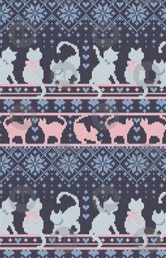 a knitted pattern with cats and elephants on it's sides in blue, pink and grey colors