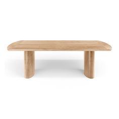 a wooden table sitting on top of a white floor