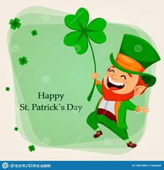 a happy st patrick's day greeting card with a lepreti man holding a clover