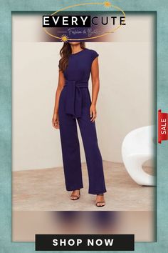 Blue Round Neck Plain Jumpsuit Casual Navy Jumpsuits And Rompers For Workwear, Blue Non-stretch Solid Color Jumpsuits And Rompers, Blue Short Sleeve Jumpsuits For Work, Chic Blue Belted Jumpsuits And Rompers, Blue Short Sleeve Jumpsuit With Tie Waist, Casual Blue Jumpsuits And Rompers With Tie Waist, Plain Jumpsuits, Plain Blue, Round Neck Design