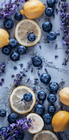 blueberries, lemons and lavender on a table