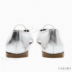 Lasaky - Silver Ballet Flats with Bow Detailing - Classic and Elegant Dance Shoes Silver Ballet Flats For Party With Round Toe, Silver Round Toe Flats For Summer, Spring Party Dance Shoes With Almond Toe, Casual Closed Toe Ballet Flats For Party, Casual Summer Party Ballet Flats, Silver Ballet Flats With Round Toe For Spring, Summer Party Flats With Leather Sole, Spring Dance Shoes With Rubber Sole And Flat Heel, Silver Pointed Toe Ballet Flats For Spring