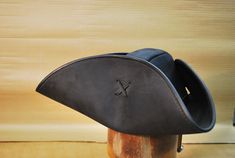 Black Nubuck Leather, Rolled Leather Brim and Trim, Latigo Leather hat band with brass or nickel or large stainless steel front buckle. Custom Handmade Leather Hat Bands, Adjustable Leather Costume Hat With Curved Brim, Leather Boonie Hat, Vintage Leather High Crown Hat, Steampunk Leather Brimmed Hat Bands, Pirate Leather Hat, Mark Brown, Pirate Hat, Leather Hat