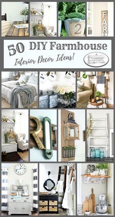 the cover of 50 diy farmhouse house decorating ideas, with pictures of furniture and accessories