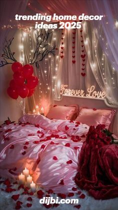 a bedroom decorated for valentine's day with candles and flowers