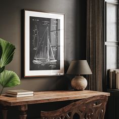 a wooden bench sitting next to a lamp on top of a table in front of a window