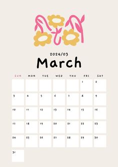 a calendar with the word march written in pink, yellow and orange letters on it