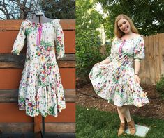 "This fun, flirty dress features a lovely pansy print, a drop-waist, a peasant-style gathered neckline (which can be worn off the shoulder too), puffed sleeves, and a three-tiered full skirt.  Measurements: Bust: 39-41\" Waist: max 36\" High hip (21\" down from shoulder): max 40\" H: max 44\" Shoulder to shoulder: 15.5\" (unstretched) - 17\" (stretched) Shoulder to hem: 42\" Sleeve length: 15.5\" Cuff circumference: 10\" (unstretched) - 15\" (stretched) Notes: - Excellent vintage condition; no flaws that we can see. - No tag All items have been dry cleaned and all flaws documented to the best of our ability!" Skirt Measurements, Gathered Neckline, Flirty Dresses, Skirt Floral, Peasant Style, Sleeves Dress, Puffed Sleeves Dress, Puffed Sleeves, Boho Women