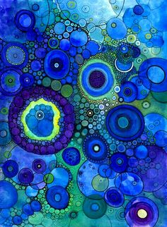 an abstract painting with blue and purple circles