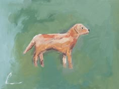 a painting of a brown dog standing on top of a green field next to a white bird