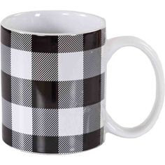 a black and white checkered coffee mug