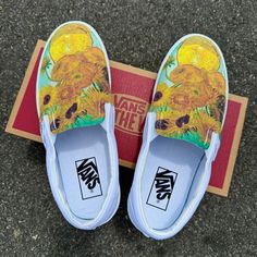 You'll be a walking piece of art with this famous Van Gogh painting on your shoes! We buy each pair of blank shoes BRAND NEW from the Vans retail store. The ink is permanent and will never come off. Made in the USA. This price includes everything: shoes, artwork, and shipping. Sizes listed are in US sizing scale. If you have any issues with your order, please feel free to reach out to us and we will be more than glad to help you! Note: Blvd Custom is in no way affiliated with any of the shoe brands or companies that are featured on our website. Each pair of shoes is ordered lawfully bought at retail price. Then we are able to print artwork and designs on the shoes to create for our supporters. Because of our customers we are able to help support independent artists and donate to charitable Coustmize Vans, Painted Slip On Vans Sun Flowers, Van Gogh Shoes Paintings, Vans Women Sunfkower, Hand Painted Slip-on Casual Sneakers, Shoes Artwork, Van Gogh Painting, Racial Equality, Van Gogh Sunflowers