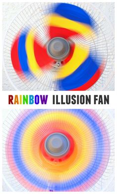 two different colored discs with the words rainbow illusion fan