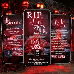 halloween party menus displayed in front of an outdoor setting with red lights and pumpkins