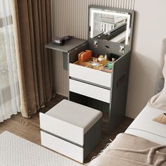 a bedroom with a vanity and stool in it