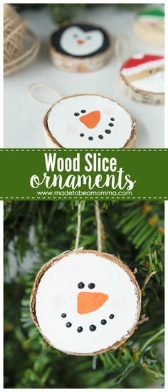 wood slice snowman ornament hanging from a christmas tree with text overlay