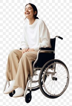 a woman sitting in a wheelchair smiling and looking up at the sky, transparent background