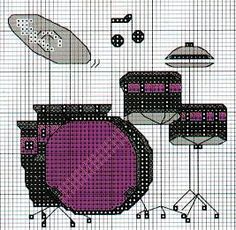 a cross - stitch pattern with musical instruments and music notes on the drum set in purple