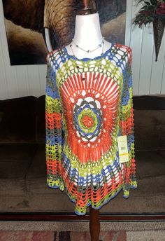 Vintage New W/ Tags "Multiples" (Missy Sienna) ~ Size Small Crochet Boho Hippie Sweater.  This is a beautiful sweater with multi-colors.  Details: 1.) Breast: 36-40" inches (loose fitting)  2.) Shoulder to shoulder: 16" in.  3.) Sleeve length: 28" inches  4.) Waist: 34-38" in.  5.) Hip: 42" inches  6.) Shoulder to hem: 25" in.  7.) 100% Acrylic  8.) Made in China  9.) Machine Wash  10.) Size Small  Thanks for looking & please look at my listings for more clothes Multicolor Crew Neck Crochet Top For Summer, Bohemian Tops With Crochet Lace, Bohemian Knit Fabrication Top For Festival, Multicolor Crochet Top For Spring, One Size Bohemian Crochet Tops, Bohemian Multicolor Crochet Top For Fall, Bohemian Crochet Top With Crew Neck, Multicolor Bohemian Crochet Top For Fall, Bohemian Multicolor Crew Neck Crochet Top