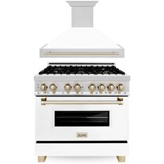 a white stove with two ovens and gold knobs on the front, against a white background